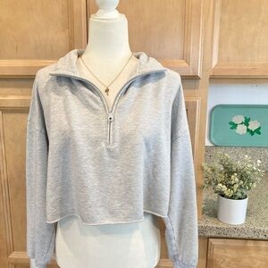 aerie Light Gray Cropped Quarter-Zip Hoodie